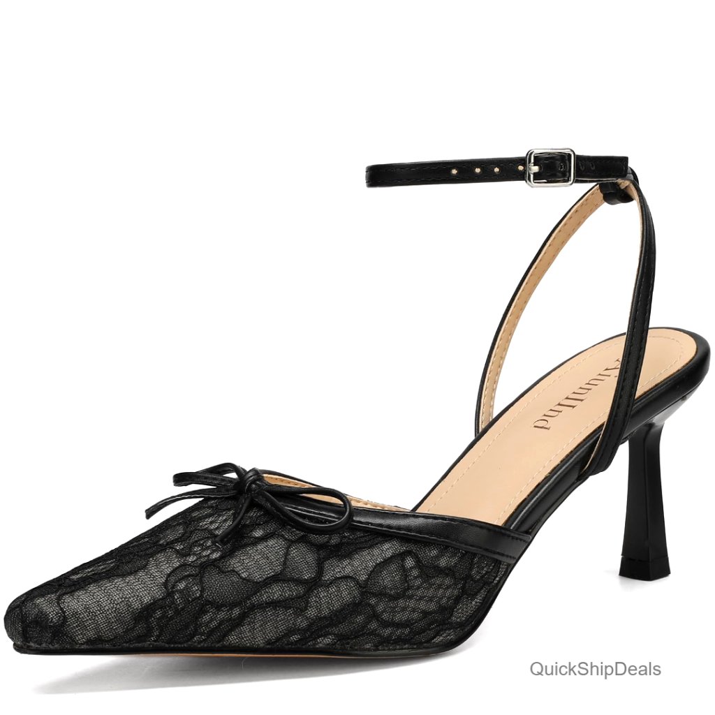 Pointed Toe Kitten Heel Lace Pumps Ankle Strap Wedding Dress Shoes